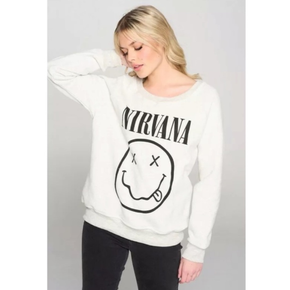 Cream Nirvana Smiley Face Band Graphic Sweatshirt - Picture 2 of 6